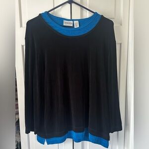 Chico’s Travelers Black Top with Peek-a-boo Blue Collar and Hem Size 3